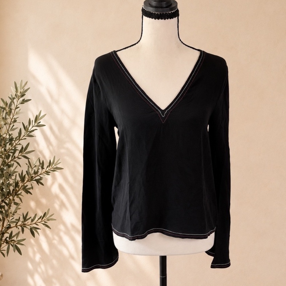 Madewell 100% Silk V-Neck Top Black Open Back Tie Long Sleeve XS RN77388